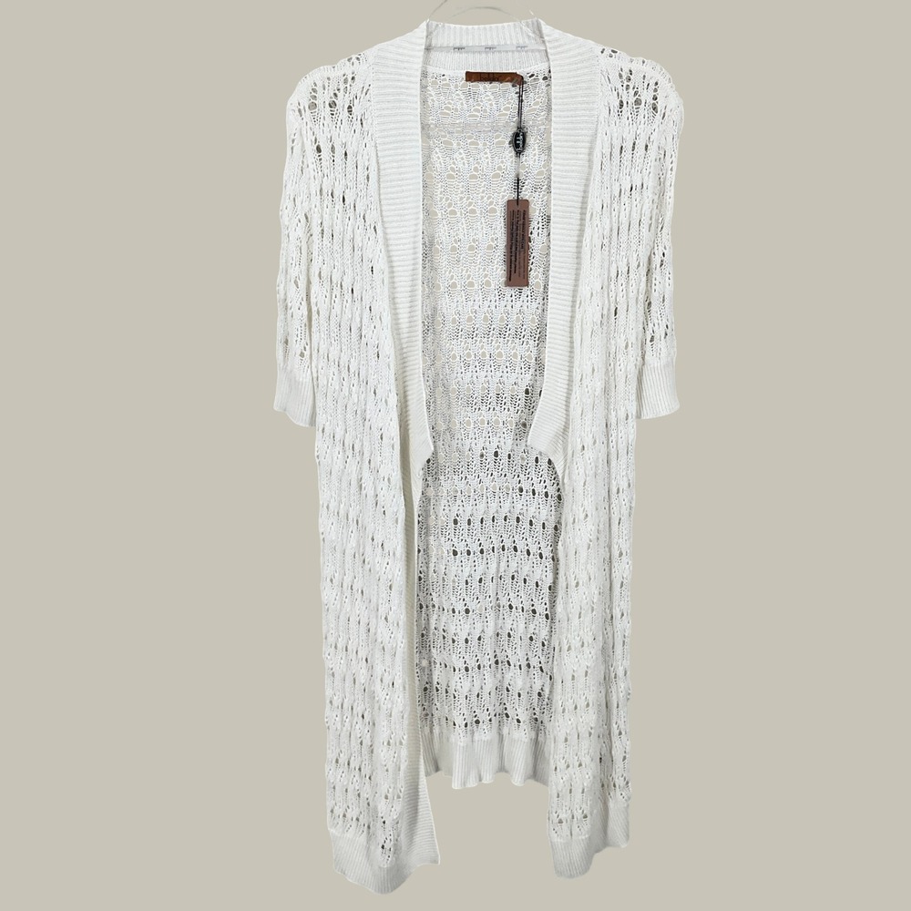 Belldini Cardigan Womens L White Cotton Pointelle Crochet Duster Boho Knit Airy